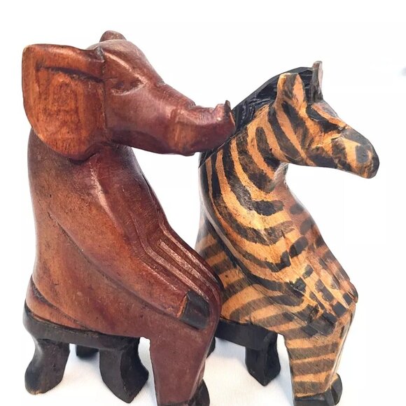 Hand Carved African Safari Animals Wood Wooden Sitting Figures Figurines Set Vtg - Picture 4 of 8